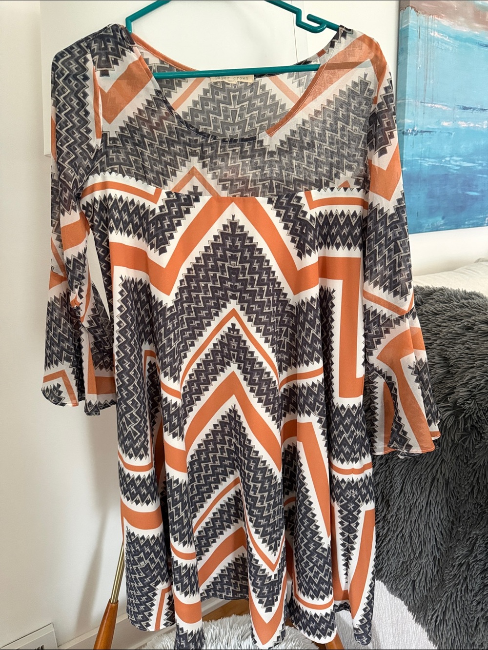 Anthropologie Paper Crown Geometric Print Bell Sleeve Dress